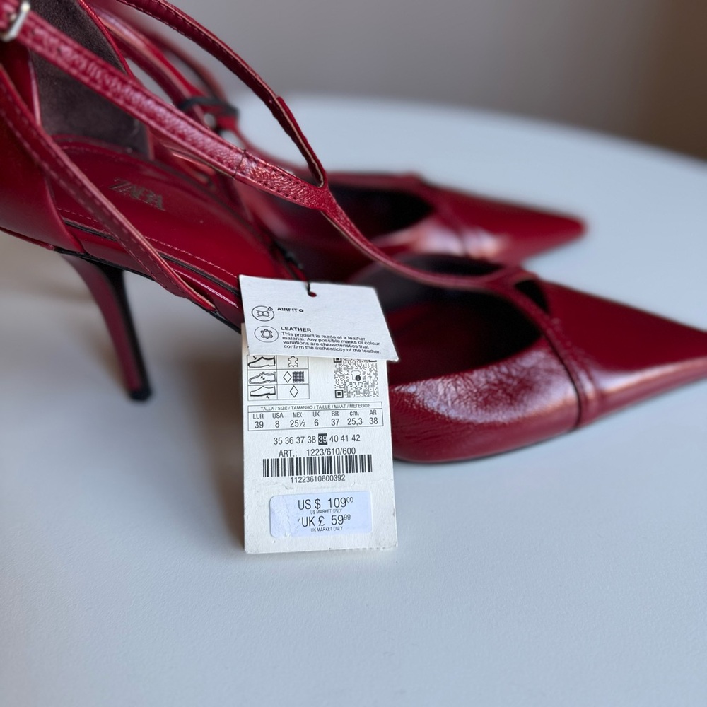 NWT Zara Leather Heel Size US 8, EU 39 Heels Chic Red Thin Ankle Front Strap - Picture 10 of 12
